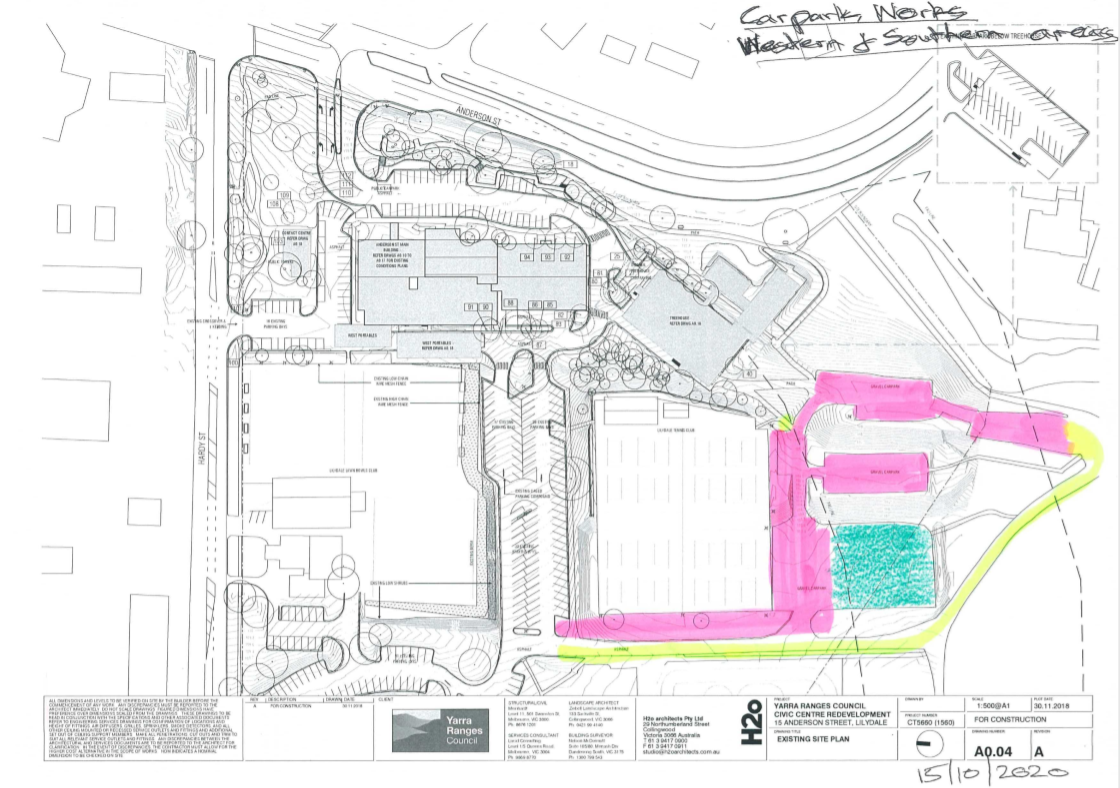 A map showing parking areas between the Lilydale Tennis Courts and the Lillydale Lake northern entrance.