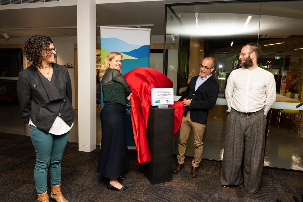 Holly DeMaria, Cr Fiona McAllister, James Merlino MP and Gareth Hart with the plaque for the newly-redeveloped Burrinja Cultural Centre.