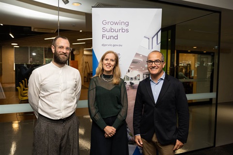 Burrinja CEO Gareth Hart, Mayor Fiona McAllister and James Merlino MP at the opening of the newly-redeveloped Burrinja Cultural Centre.