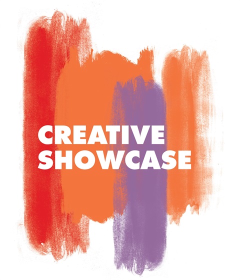 An image featuring several vertical brush-strokes of colour in red, orange and purple. The words 