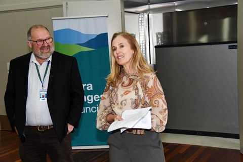 Mayor Fiona McAllister (right) with Julian Guess (left) at the unveiling of Council's new battery solar power storage system. Photo courtesy of Star Mail News photographer, Stewart Chambers.