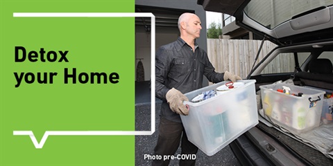 A graphic showing a person loading chemicals into a car, in plastic containers.