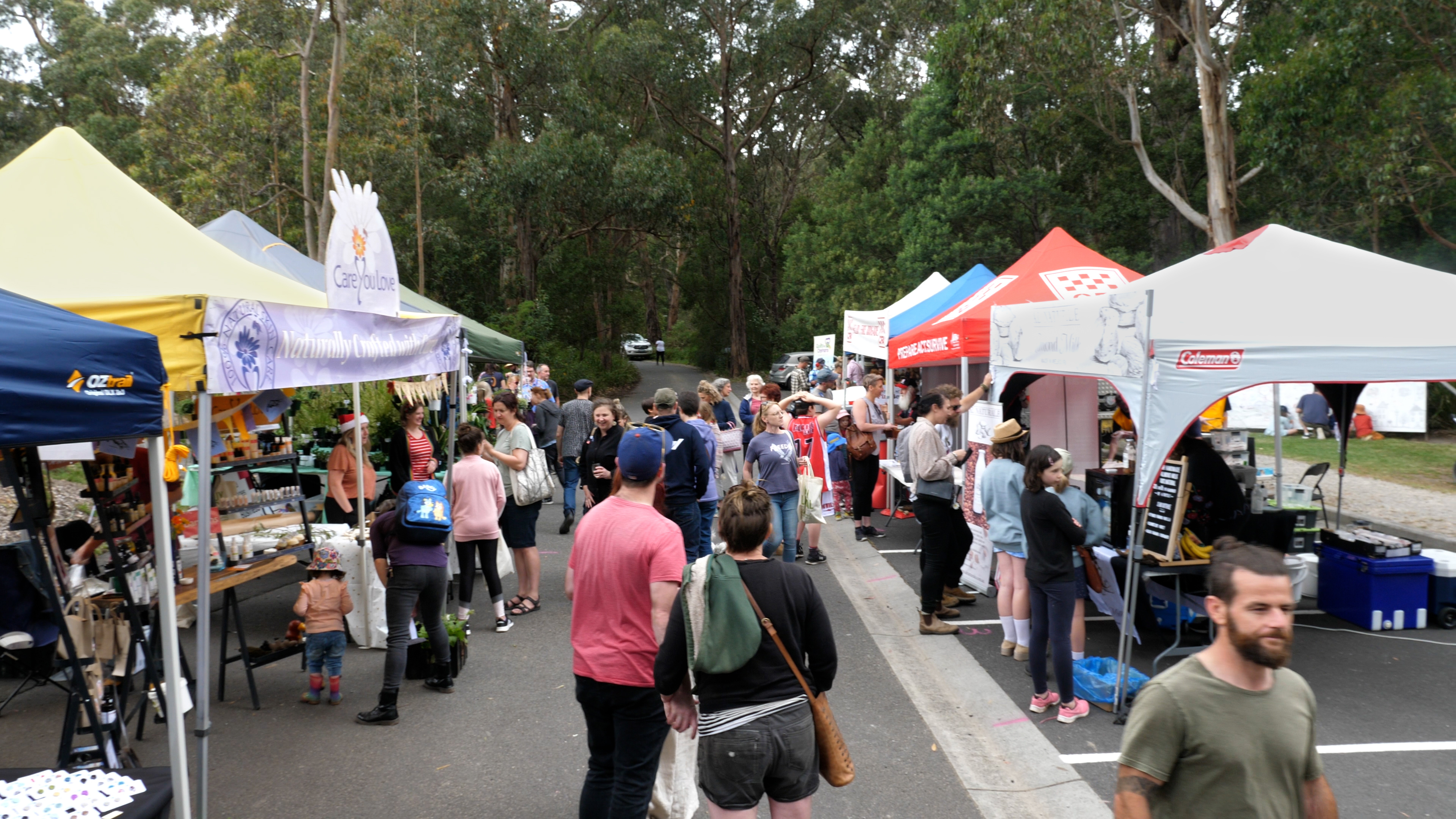 People at a festival with stalls and trees in the background.