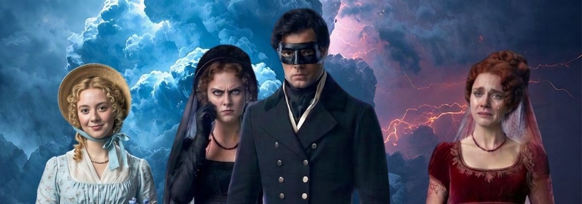 Vintage-style characters in period costumes, including a masked figure, stand against a dramatic stormy sky