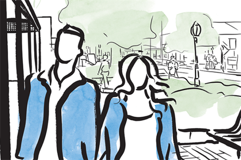 sketch of couple walking down the street