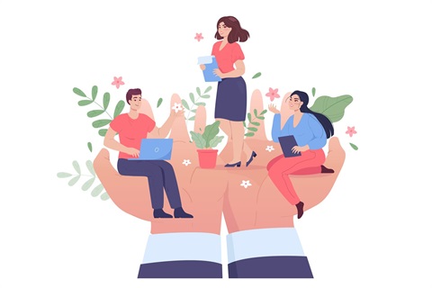 Illustration of iopen hands with three people working together in the hands