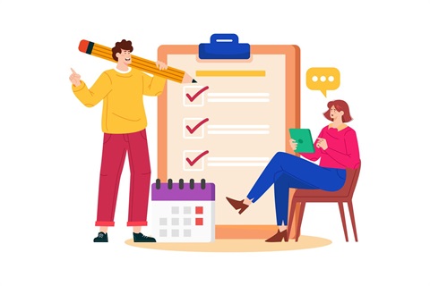 Illustration of two people talking, one person is ticking items off a list and there's a large clip board and calendar