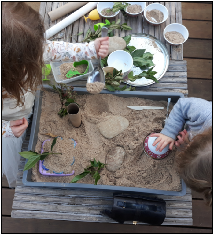 Children playing with sand and plants