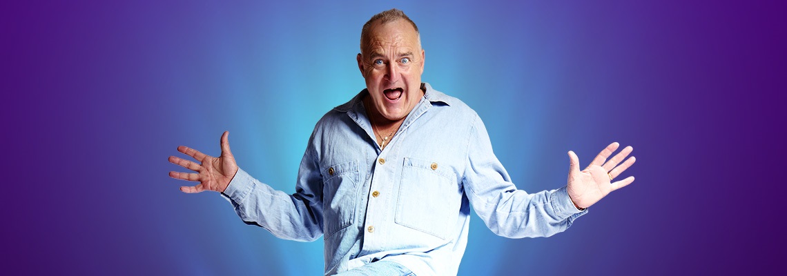 Promotional image of a person in a light blue shirt with arms outstretched against a blue and purple gradient background