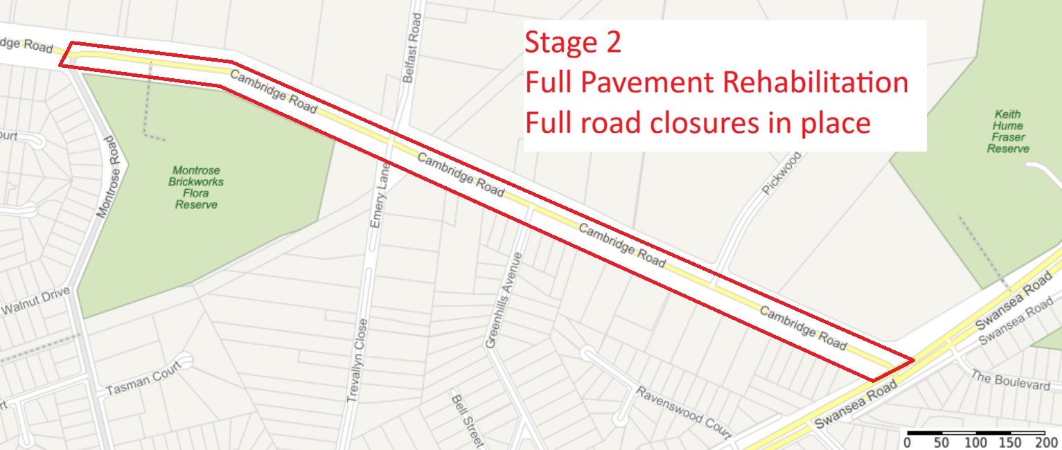 Map of Cambridge Road highlighting the Stage 2 roadworks section between Montrose Road and Swansea Road. A red outline marks the work zone along Cambridge Road. Text on the map reads: “Stage 2 - Full Pavement Rehabilitation - Full road closures in place.” Nearby roads, reserves and intersections are shown for location context.