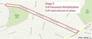 Map of Cambridge Road highlighting the Stage 2 roadworks section between Montrose Road and Swansea Road. A red outline marks the work zone along Cambridge Road. Text on the map reads: “Stage 2 - Full Pavement Rehabilitation - Full road closures in place.” Nearby roads, reserves and intersections are shown for location context.