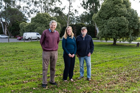 Fiona McAllister (middle) with John Anwin (L) and John Rosser (R) from Healesville Action Group at 13 Green Street