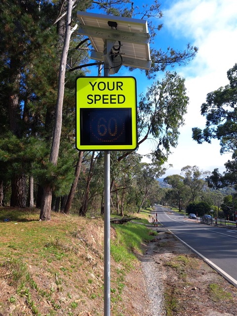 A speed radar sign on the side of the road in Mount Evelyn.