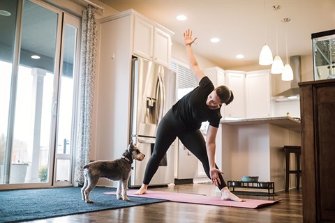 Person exercising at home with puppy watching